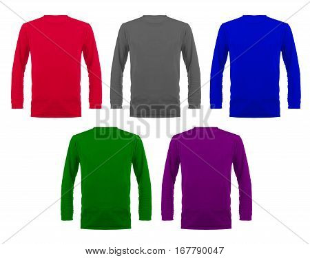 Set of six color cotton t-shirt with long sleeves on white background