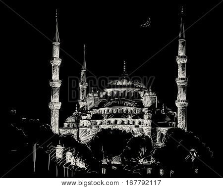 January 24, 2017: Blue Mosque in Istanbul in night, Hand drawn white sketch on black background, Vector illustration 