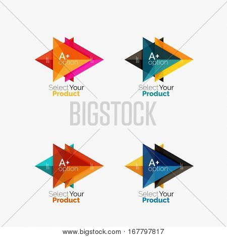 Set of triangle option infographic layouts. Select your product concept, make a choice idea