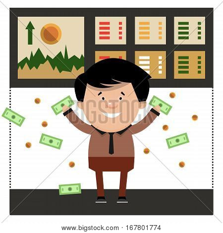 Successful trading on the stock exchange. The monitoring of indicators of value. Cartoon businessman at work. Vector illustration in flat style.