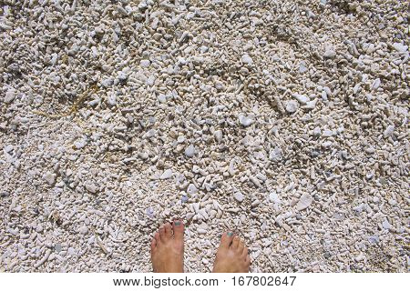 White sand beach and female feet. Coral beach top view photo for background or template. Exotic island vacation banner with text place. Woman's foot on sandy seashore. Sunny day by the sea concept
