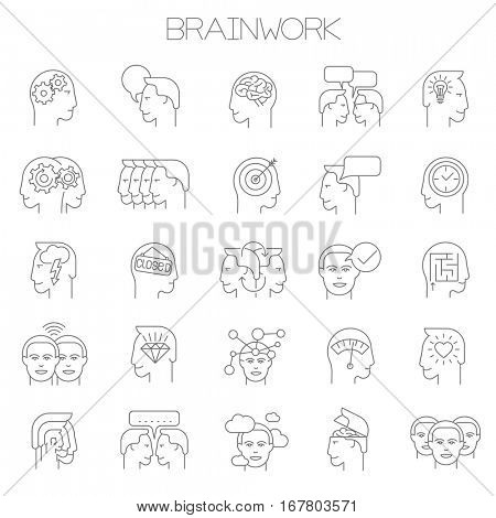 Thin line vector brainstorming business icon set. Flat design intellectual teamwork and creativity  symbols collection  on white background. Lines only, easy to edit line weight