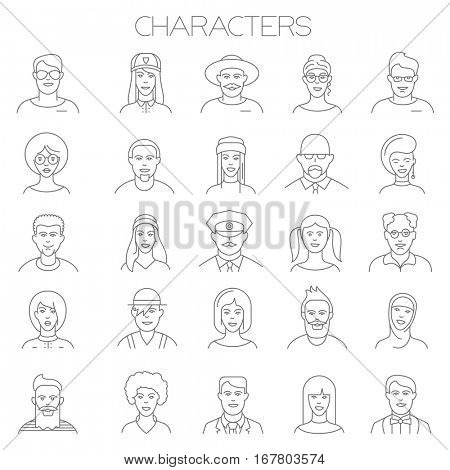 Thin line vector online people icon set. Flat design characters, professions, faces and avatar symbols collection  on white background. Lines only, easy to edit line weight