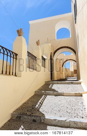 Typical narrow passage with steps in Fira, Santorini, Greece