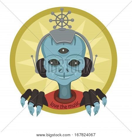 An alien from another world sitting with headphones and listens to music world he is happy with the beautiful music