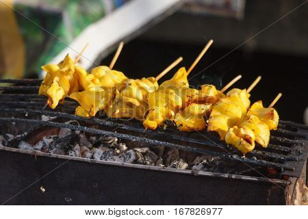 Squid on grill in Thailand market,Thai street food