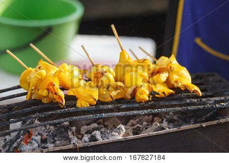 Squid on grill in Thailand market,Thai street food