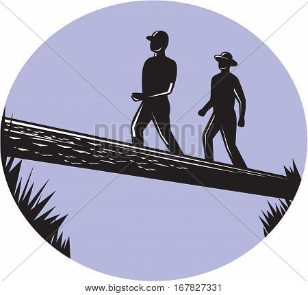 Illustration of two trampers hikers crossing a deep ravine on a single log bridge set inside oval shape viewed from low angle done in retro woodcut style.
