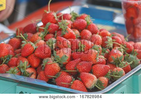 Fresh organic strawberries in Thai market, street food