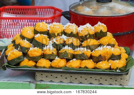 Toddy palm cakes in market Thai street food
