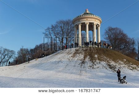 MUNICH - JANUARY 28: English Garden a large public park in the centre of Munich. Stretching from the city centre to the northeastern city limits. It was created in 1789 by Sir Benjamin Thompson