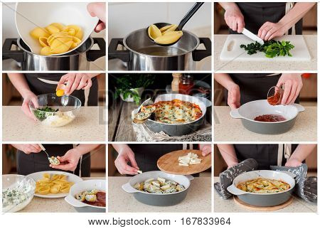 A Step By Step Collage Of Making Baked Stuffed Conchiglioni