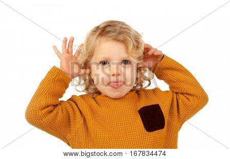 Portrait of playful small kid with long blond hair mockeries isolated on white background