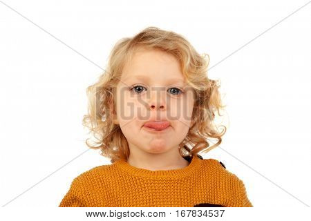 Portrait of playful small kid with long blond hair mockeries isolated on white background