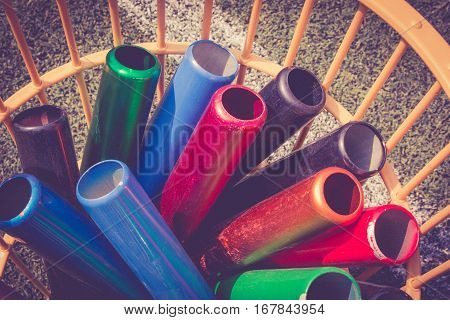 Many Colorful School Baton Of Running Preparing In A Basket For Running Competition. Running Sport E