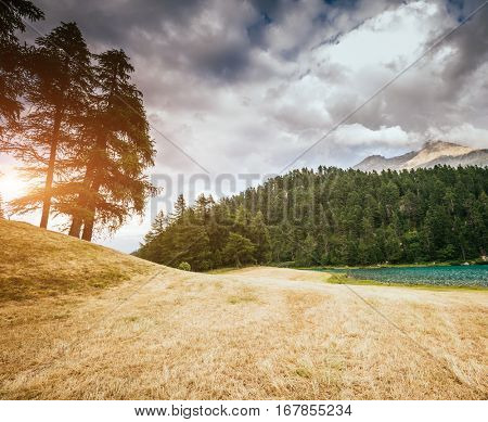 Great view of the azure pond Champfer in alpine valley. Picturesque and gorgeous scene. Location Swiss alps, Silvaplana village. Europe. Retro and vintage style. Instagram toning effect. Beauty world.