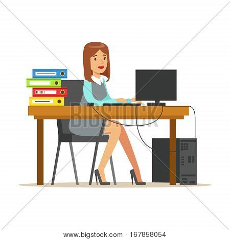 Woman Working At Her Desk With Computer And Folders, Part Of Office Workers Series Of Cartoon Characters In Official Clothing. Happy Person Working In The Office Vector Illustration.