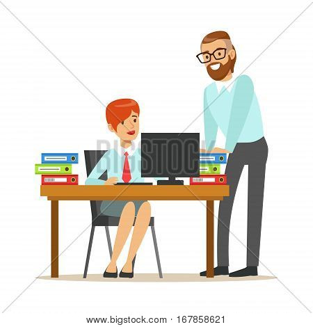Woman Sitting At Her Desk Talking With Male Colleague, Part Of Office Workers Series Of Cartoon Characters In Official Clothing. Happy Person Working In The Office Vector Illustration.