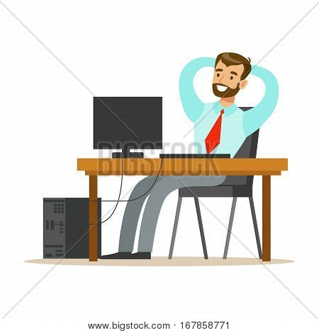 Man Resting And Stretching At His Desk, Part Of Office Workers Series Of Cartoon Characters In Official Clothing. Happy Person Working In The Office Vector Illustration.