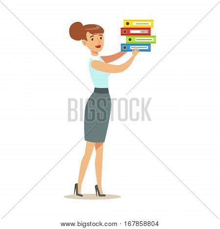 Manager In Blue Vest Puts Pile Of Folders, Part Of Office Workers Series Of Cartoon Characters In Official Clothing. Happy Person Working In The Office Vector Illustration.