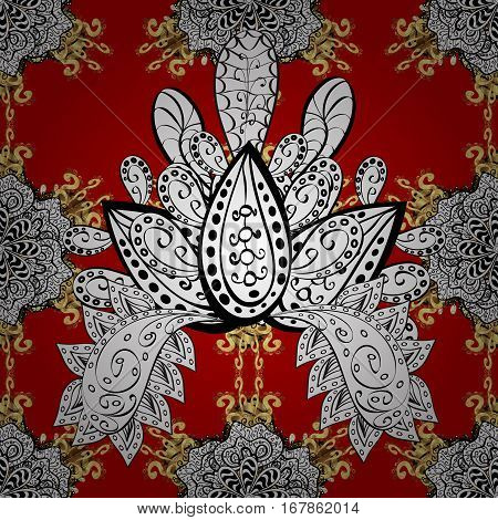 Seamless Vintage Pattern On Red Background With Golden And White Elements.