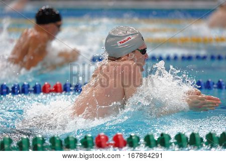 ST. PETERSBURG, RUSSIA - DECEMBER 16, 2016: Athletes compete in 100 m breaststroke swimming competition during X Salnikov Cup. Athletes from 6 countries participated in the competitions