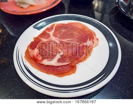 Pork On Plates For Suiyaki Or Shabu-shabu, Shallow Dof, Selective Focus
