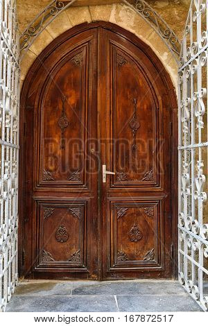 Ancient Wooden Door In Old City. Baku