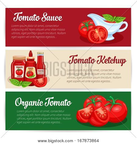 Tomato sauce design set of banners. Illustration of red vegetables for markets and menu.