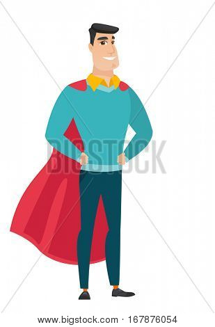 Businesman wearing a red superhero cloak. Full length of young smiling business man dressed as a superhero. Successful businessman superhero in red cloak. Vector flat design illustration isolated on