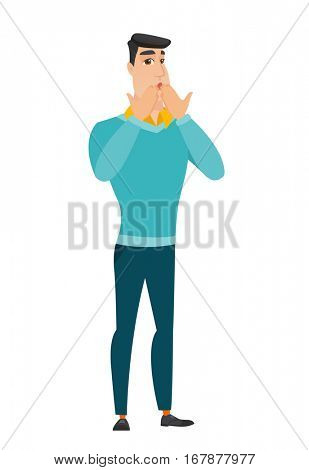 Shoked caucasian businessman covering his mouth with hand. Full length of shoked businessman. Businessman with a shocked facial expression. Vector flat design illustration isolated on white background