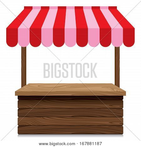 Wooden market stall with red and pink awning on white background.