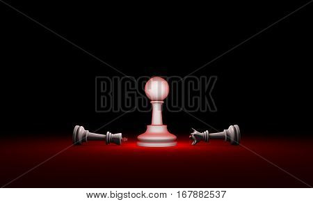 Horizontal chess composition. 3D render illustration. Black background layout with free text space.