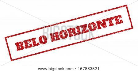 Red rubber seal stamp with Belo Horizonte text. Vector caption inside rectangular banner. Grunge design and scratched texture for watermark labels. Inclined sticker.