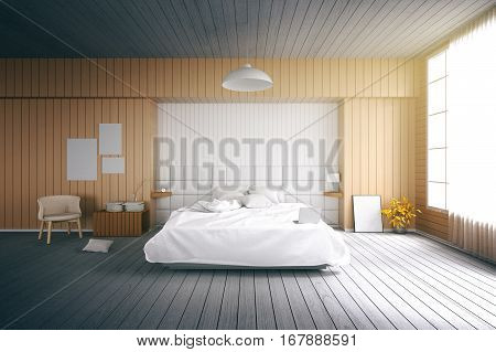 3D rendering : illustration of big spacious modern bedroom in soft light color.big comfortable double bed in elegant classic modern bedroom.interior design of house.modern wooden tile house