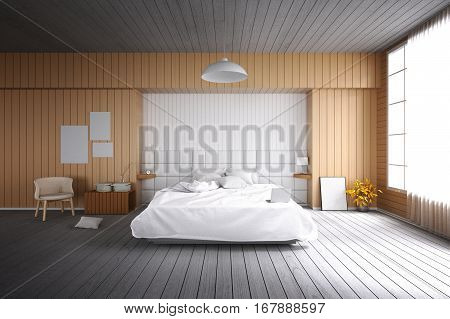 3D rendering : illustration of big spacious modern bedroom in soft light color.big comfortable double bed in elegant classic modern bedroom.interior design of house.modern wooden tile house