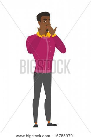 Shoked african businessman covering his mouth with hand. Full length of shoked businessman. Businessman with a shocked facial expression. Vector flat design illustration isolated on white background
