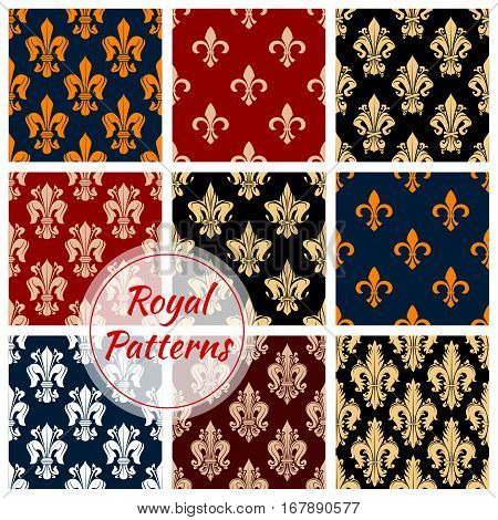 Floral fleur-de-lis royal ornament patterns set. Vector flourish seamless tile of flowery ornate baroque tracery. French heraldic lily embellishment motif of luxury imperial ornamental flowers adornment for interior design