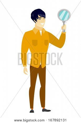 Asian business man holding hand mirror. Full length of business man looking at himself in a hand mirror. Business man with hand mirror. Vector flat design illustration isolated on white background.