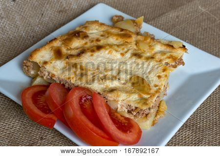 Moussaka - a traditional Balkan specialty with minced meat and potatoes