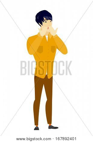 Shoked asian businessman covering his mouth with hand. Full length of shoked businessman. Businessman with a shocked facial expression. Vector flat design illustration isolated on white background.
