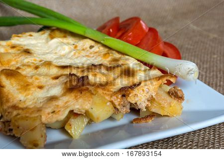 Moussaka - a traditional Balkan specialty with minced meat and potatoes