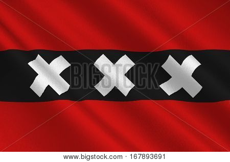 Flag of Amsterdam is the capital and most populous city of the Kingdom of the Netherlands. 3d illustration