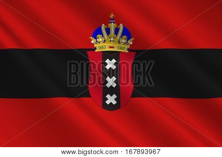 Flag of Amsterdam is the capital and most populous city of the Kingdom of the Netherlands. 3d illustration
