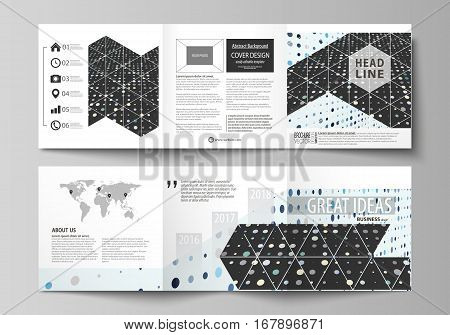 Set of business templates for tri fold square design brochures. Leaflet cover, abstract flat layout, easy editable vector. Abstract soft color dots with illusion of depth and perspective, dotted technology background. Multicolored particles, modern patter