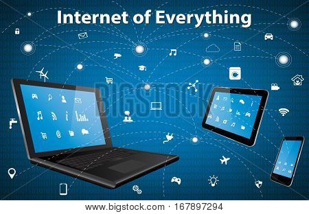 Internet of everything (IOE) concept with different icon and elements. Digital Network Connection Modern communication technology. Laptop, Tablet Pc and Smart Phone with apps.