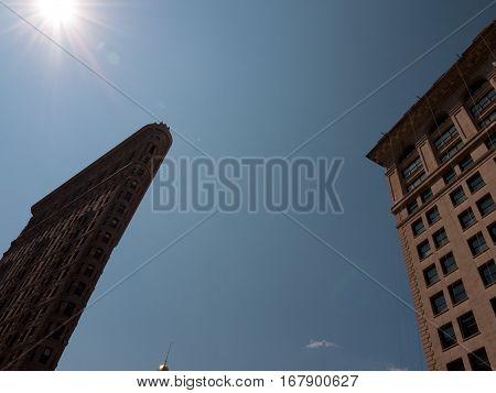 View of Manhattan buildings from ground level.