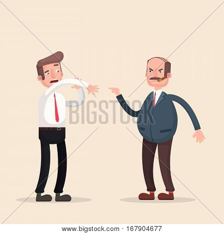 Boss man character screams on worker. Vector flat cartoon illustration.