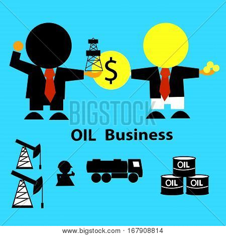 Oil market. Business concept ( businessman,  derrick, gasoline tanker, workers, oilman, tanks). Vector illustration.