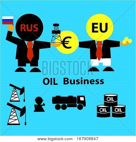 Russia sells oil to the European Union. Oil market. Business concept ( businessman,  derrick, gasoline tanker, workers, oilman, tanks). Vector illustration.